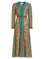 Lea Belted Scarf-Print Silk Shirtdress