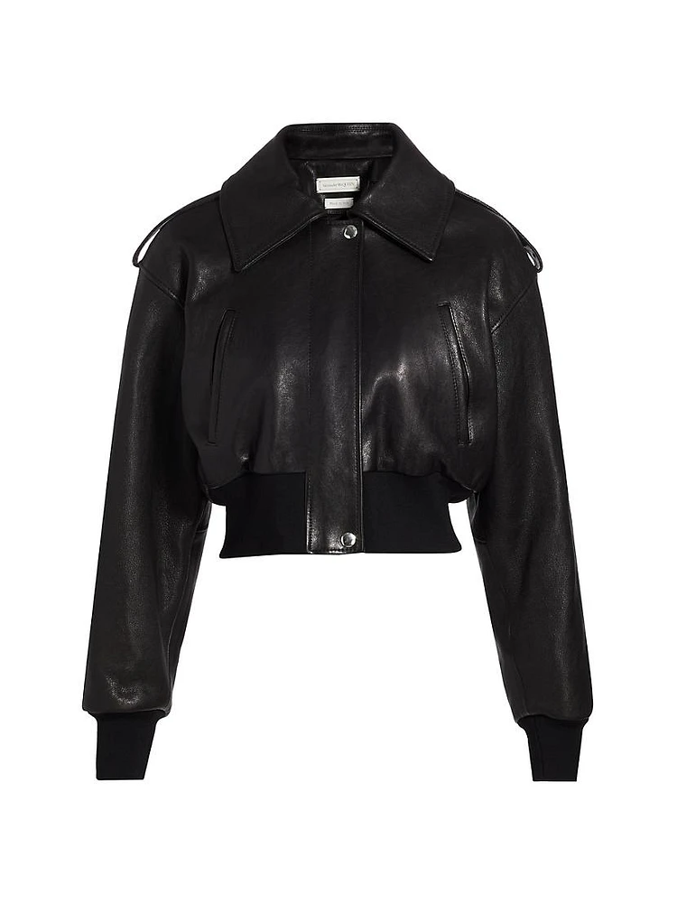 Crop Leather Bomber Jacket