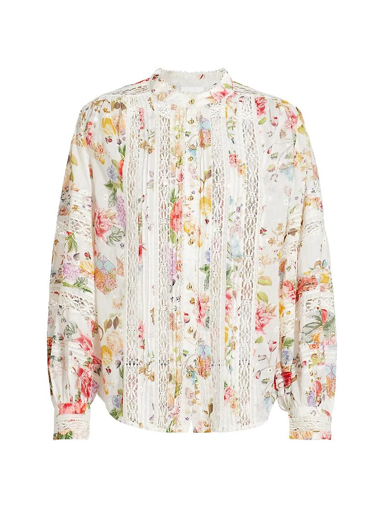 Lace-Trimmed Floral Cotton Blouse