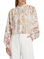 Lace-Trimmed Floral Cotton Blouse