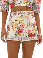 Floral Linen Belted Shorts