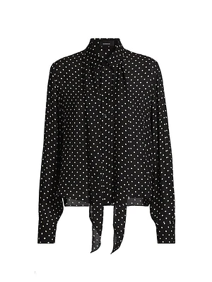 Polka Dot Silk Tie-Neck Blouse