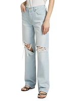 Loose Long High-Rise Distressed Wide Jeans