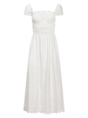 Lily Cotton Eyelet Shirred Midi-Dress