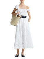 Lily Cotton Eyelet Shirred Midi-Dress