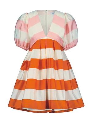 Striped Organza Puff-Sleeve Minidress