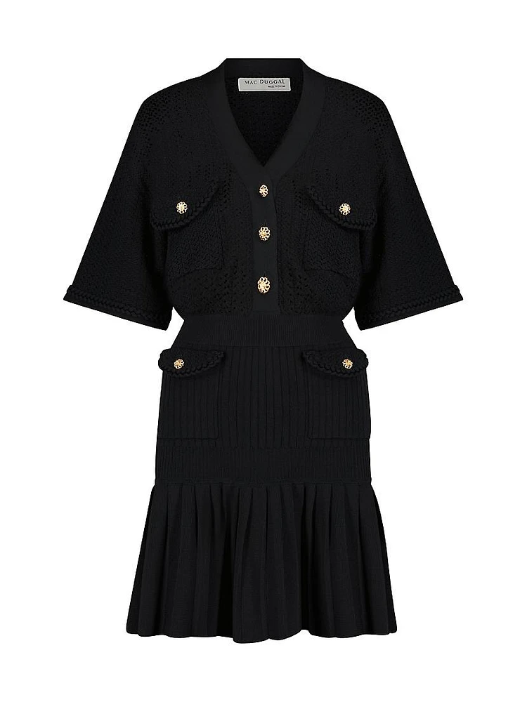 Short-Sleeve Pleated Knit Minidress