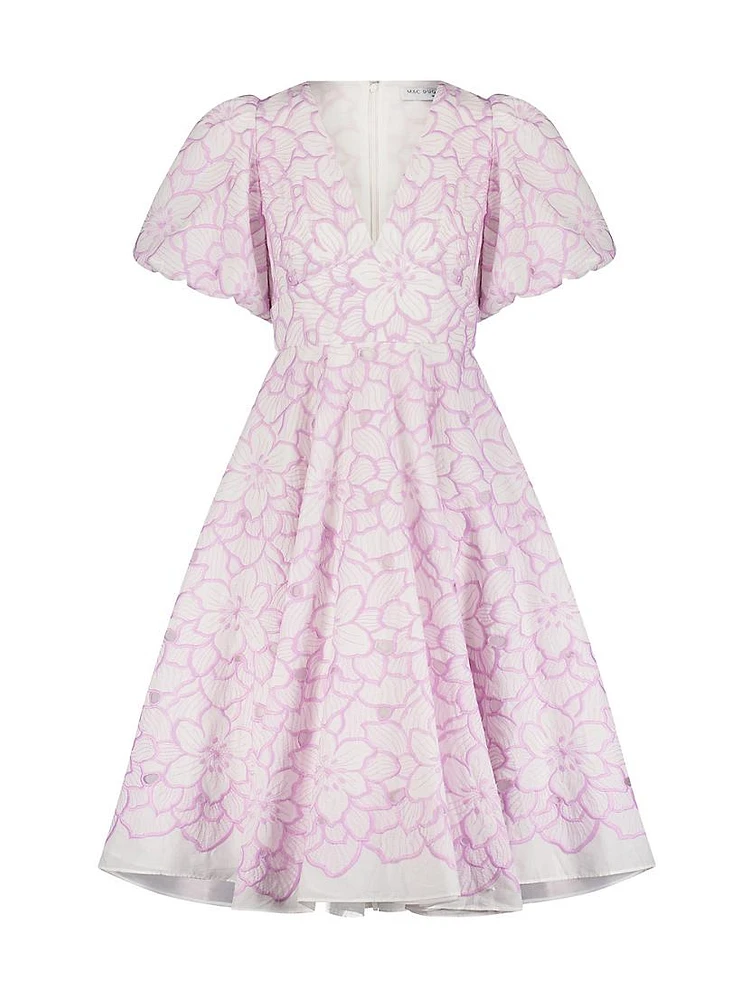 Floral Embroidered Puff-Sleeve Midi-Dress