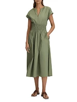 Lena Cotton Ruched-Waist Midi-Dress