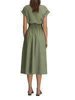 Lena Cotton Ruched-Waist Midi-Dress