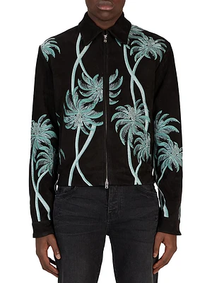 Palm Embroidered Suede Zip-Up Jacket