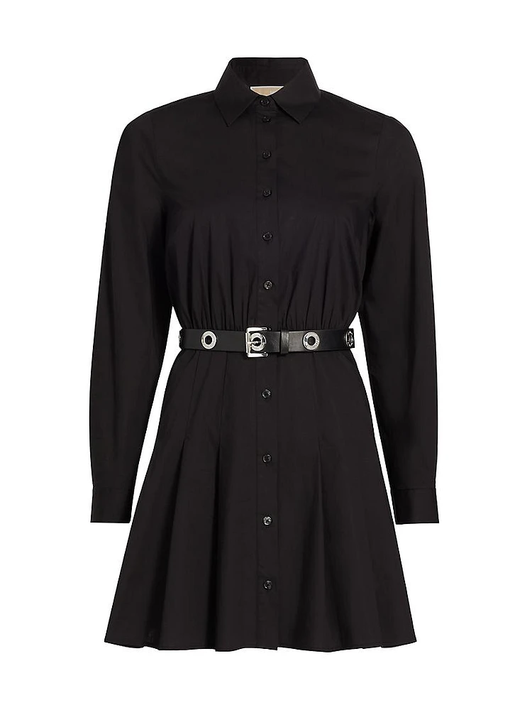 Stretch-Cotton Poplin Belted Mini-Shirtdress