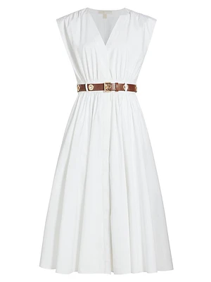 Stretch-Cotton Poplin Belted Midi-Dress