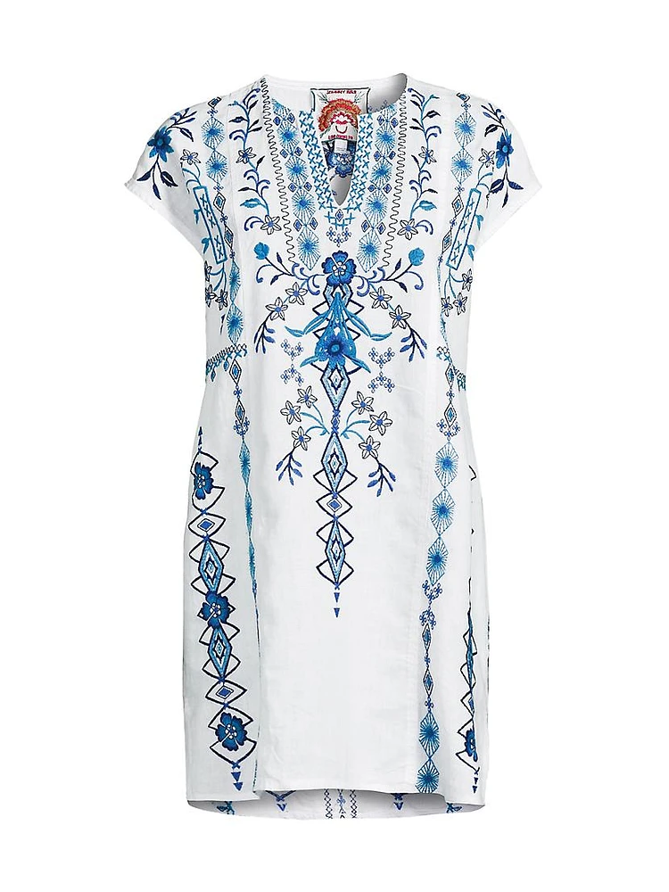 Taria Embroidered Floral Linen-Blend Shift Dress