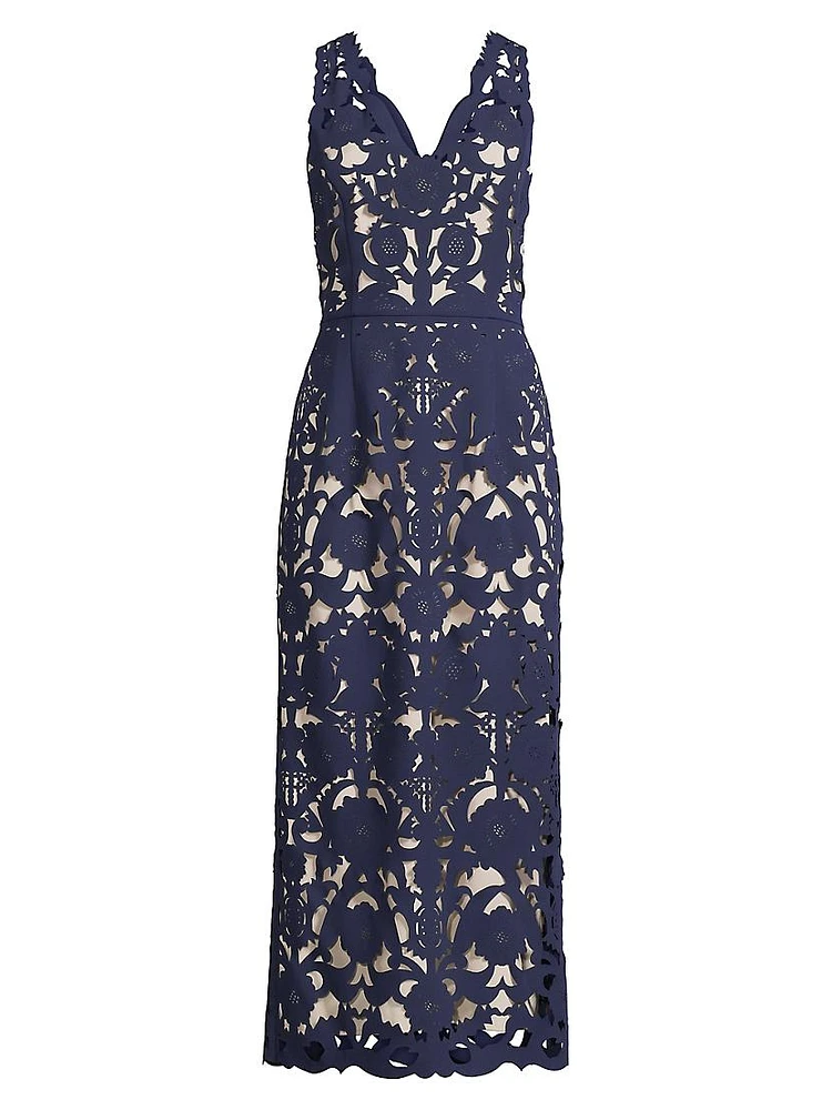 Floral Crepe Laser-Cut Midi Dress