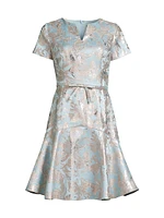 Floral Metallic Jacquard Flounce Midi-Dress