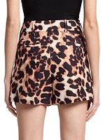 Leopard Pleated Linen-Blend Shorts