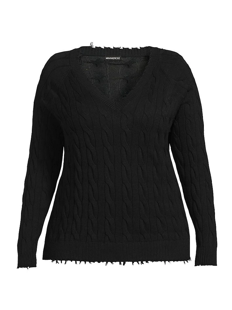 Frayed Cable-Knit V-Neck Sweater