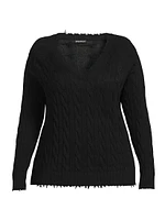 Frayed Cable-Knit V-Neck Sweater