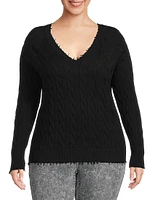 Frayed Cable-Knit V-Neck Sweater