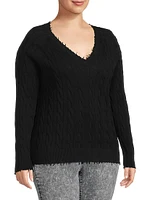 Frayed Cable-Knit V-Neck Sweater