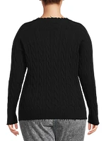 Frayed Cable-Knit V-Neck Sweater