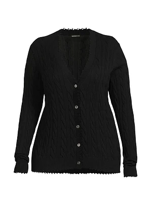 Frayed Cable-Knit V-Neck Cardigan