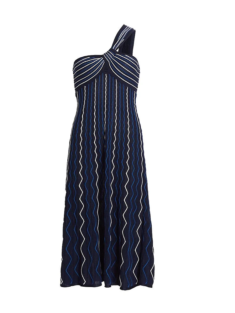 Zig-Zag One-Shoulder Knit Midi-Dress