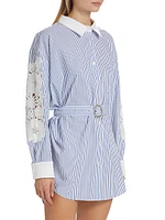 Mabel Pinstripe Lace Belted Shirtdress