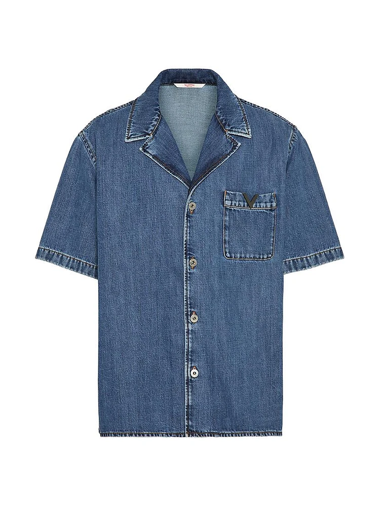 Denim Bowling Shirt with Metallic V Detail