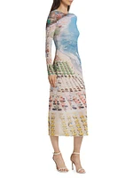 Delora Printed Long-Sleeve Mesh Midi Dress