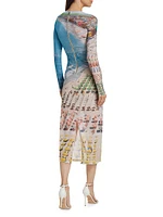 Delora Printed Long-Sleeve Mesh Midi Dress