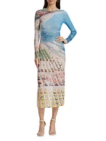 Delora Printed Long-Sleeve Mesh Midi Dress