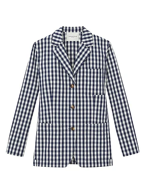 Gingham Crinkle Cotton-Linen Blazer