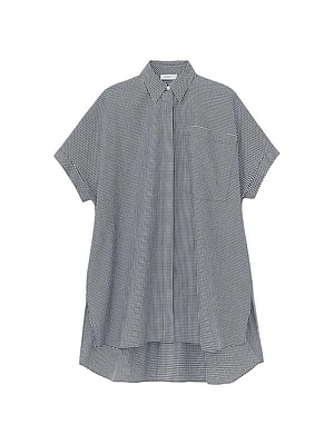 Micro Gingham Cotton Seersucker Short-Sleeve Oversized Shirt