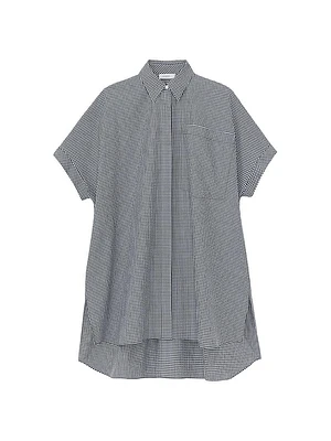 Micro Gingham Cotton Seersucker Short-Sleeve Oversized Shirt