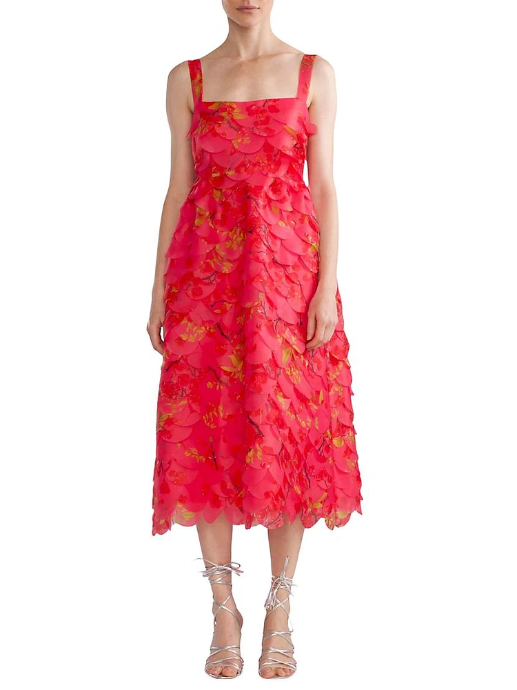 Floral Organza Scallop Midi-Dress