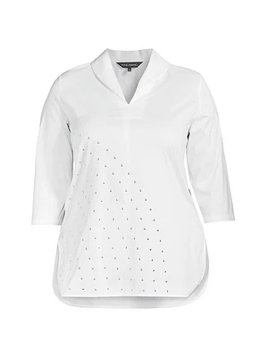 Studded Cotton-Blend Shawl-Collar Top