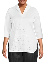 Studded Cotton-Blend Shawl-Collar Top