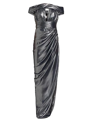 Pleated Metallic Asymmetric Gown