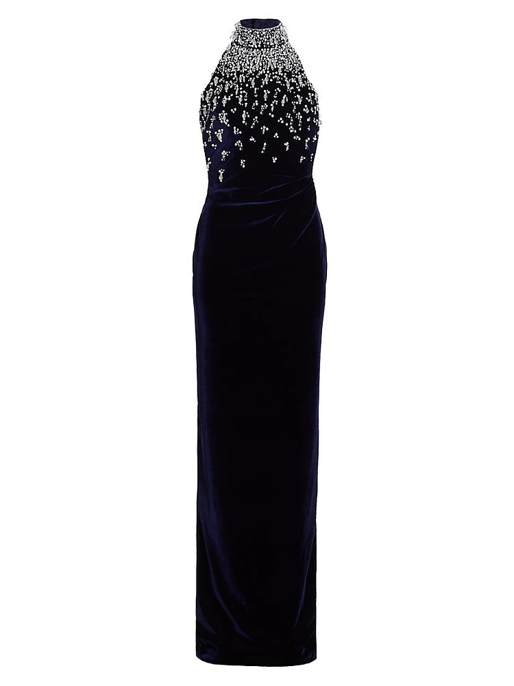 Beaded Velvet Halter Gown