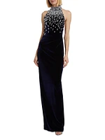 Beaded Velvet Halter Gown