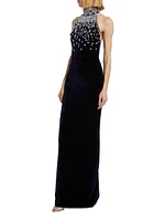 Beaded Velvet Halter Gown