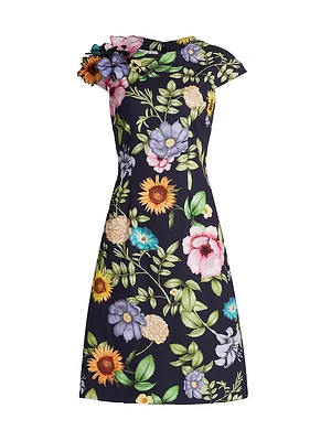 Floral Cap-Sleeve Corsage Midi-Dress