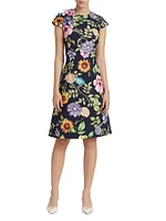 Floral Cap-Sleeve Corsage Midi-Dress