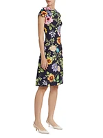 Floral Cap-Sleeve Corsage Midi-Dress