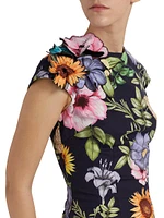 Floral Cap-Sleeve Corsage Midi-Dress