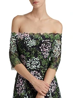 Floral Print Lace Off-The-Shoulder Midi-Dress