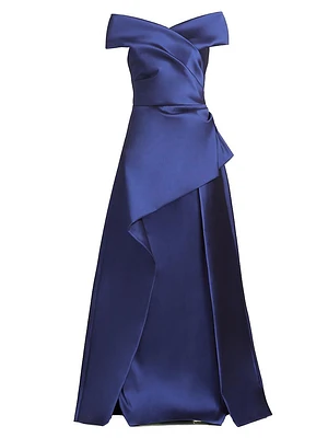 Off-The-Shoulder Mikado Satin Peplum Gown