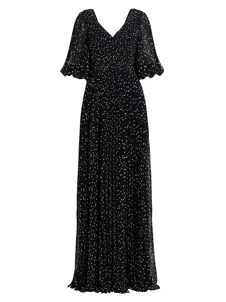 Polka Dot Pleated Chiffon Gown